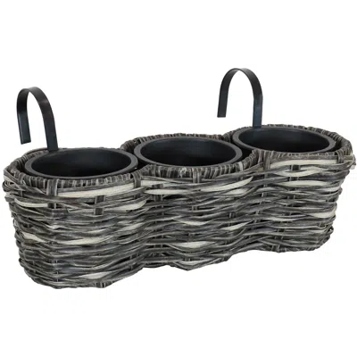 Sunnydaze Indoor/outdoor Polyrattan Over-the-rail Tri-planter With 3 Round Black Plastic Liners