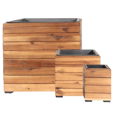 Sunnydaze Indoor/outdoor Square Acacia Wood Planter Box With Plastic Liner - 3pk In Brown
