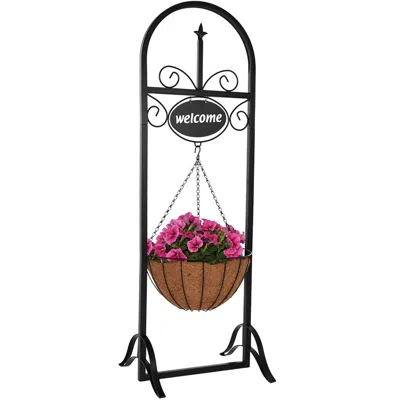Sunnydaze Iron Decorative Welcome Sign And Coco Grass Liner Hanging Basket Planter Stand - 48" H - Black