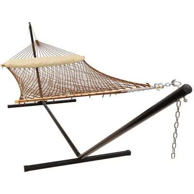 Sunnydaze Large Double Wide Two-person Polyester Rope Hammock With Steel Stand - 400 Lb Weight Capacity/15' St