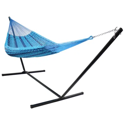 Sunnydaze Mayan Family Hammock Handwoven Xxl Thick Cord With Stand - 400 Lb Weight Capacity/15' Stand In Blue
