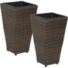 Sunnydaze Modern Decorative Standing Square Polyrattan Planter Containers - 24" Tall - Brown - 2-pack