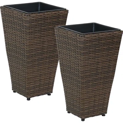 SUNNYDAZE MODERN DECORATIVE STANDING SQUARE POLYRATTAN PLANTER CONTAINERS - 20" TALL - BROWN - 2-PACK