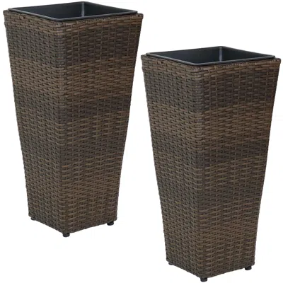 Sunnydaze Modern Decorative Standing Square Polyrattan Planter Containers - 24" Tall - Brown - 2-pack