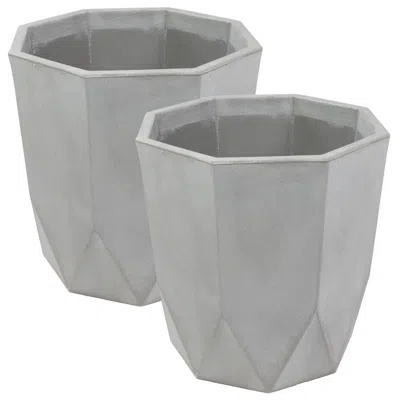 Sunnydaze Modern Faceted Polyresin Outdoor Flower Pot Planter - 14.75" - Light Gray - 2pk