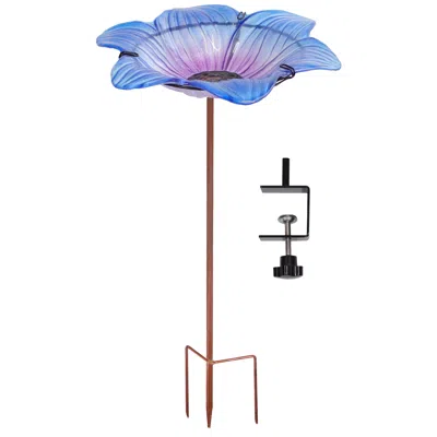 Sunnydaze Exquisite Feathers Deck-mounted/staked Glass Bird Bath - 11" Diameter - Turquoise In Blue