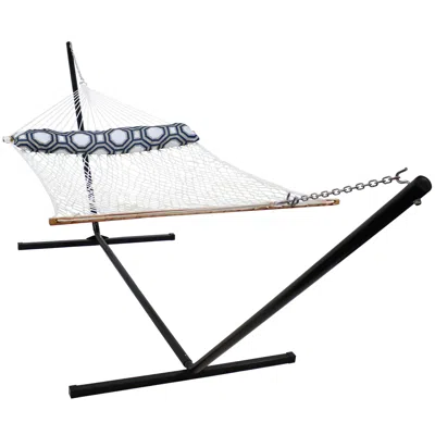 Sunnydaze Outdoor 2-person Double Cotton Rope Hammock With Wood Spreader Bar And 15ft Black Steel Stand - Crea In White