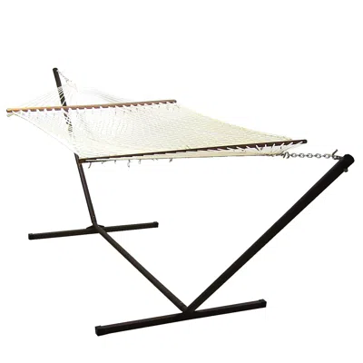 Sunnydaze Outdoor 2-person Double Cotton Rope Hammock With Wood Spreader Bar And 15ft Black Steel Stand In Off-white