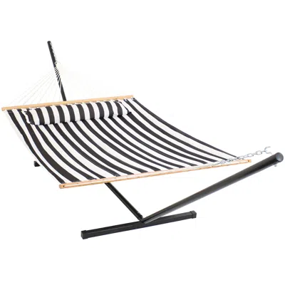 Sunnydaze Outdoor 2-person Double Polyester Quilted Hammock With Wood Spreader Bar And 12ft Black Steel Stand