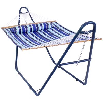 Sunnydaze Outdoor 2-person Double Polyester Quilted Hammock With Wood Spreader Bar And Matte Blue Steel Multi-