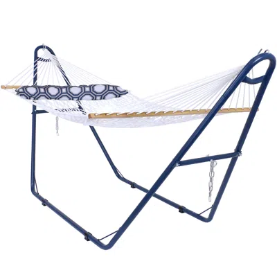 SUNNYDAZE OUTDOOR 2-PERSON DOUBLE POLYESTER ROPE HAMMOCK WITH WOOD SPREADER BAR AND MATTE BLUE STEEL MULTI-USE