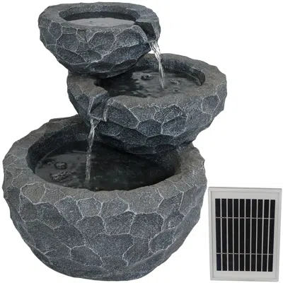 Sunnydaze Outdoor 3-tier Chiseled Basin Solar Powered Water Fountain With Battery Backup And Submersible Pump  In Gray