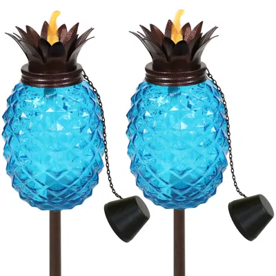 Sunnydaze Outdoor Adjustable Height 3-in-1 Glass Tropical Pineapple Torches With Connected Snuffs And Metal Po