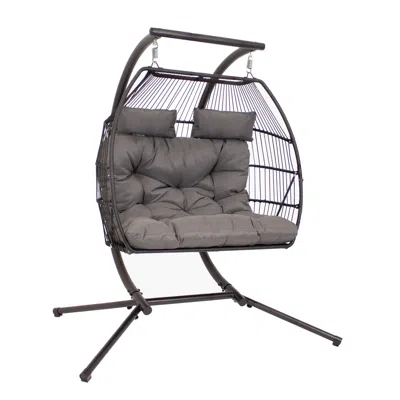 Sunnydaze Outdoor Andrei Double Egg Chair With Steel Stand And Polyester Cushion - Dark Gray - 74"