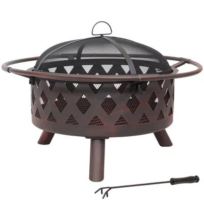 Sunnydaze Outdoor Camping Or Backyard Crossweave Cut Out Fire Pit With Spark Screen And Log Poker - 30" - Bron