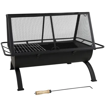 Sunnydaze Outdoor Camping Or Backyard Rectangular Northland Fire Pit With Cooking Grill Grate, Spark Screen, L In Black