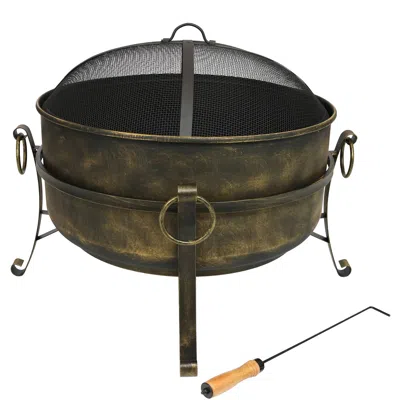 Sunnydaze Outdoor Camping Or Backyard Round Cauldron Fire Pit With Spark Screen, Log Poker, And Metal Wood Gra