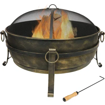 Sunnydaze 34in Fire Pit Steel Cauldron Design With Spark Screen And Fire Poker In Black