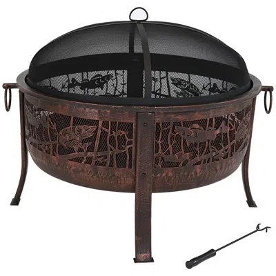 SUNNYDAZE OUTDOOR CAMPING OR BACKYARD STEEL NORTHWOODS FISHING FIRE PIT WITH SPARK SCREEN - 30" - BRONZE