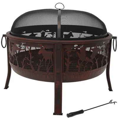 SUNNYDAZE OUTDOOR CAMPING OR BACKYARD STEEL PHEASANT HUNTING FIRE PIT WITH SPARK SCREEN, COVER, METAL WOOD GRA