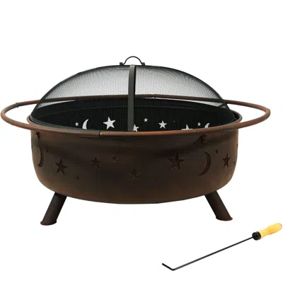 Sunnydaze Outdoor Camping Or Backyard Steel Round Cosmic Fire Pit With Spark Screen And Log Poker - 41.5" - Bl
