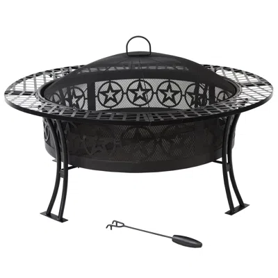 Sunnydaze Outdoor Camping Or Backyard Steel Round Four Star Fire Pit Table With Spark Screen - 40" - Black