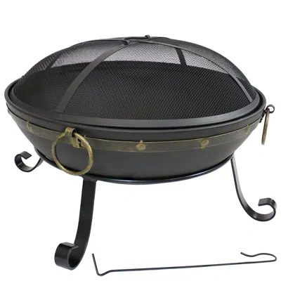 Sunnydaze Outdoor Camping Or Backyard Steel Victorian Fire Pit Bowl With Handles And Spark Screen - 25" - Blac In Black