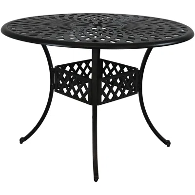 Sunnydaze Outdoor Crossweave Design Black Cast Aluminum Round Patio Dining Table With Umbrella Hole