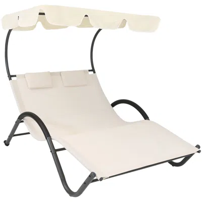 Sunnydaze Double Chaise Lounge With Canopy Shade And Headrest Pillows In Off-white