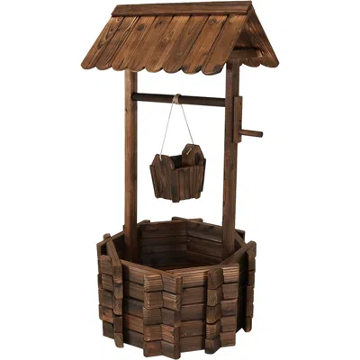 Sunnydaze Outdoor Fir Wood Wishing Well Garden Planter With Hanging Flower Bucket For Garden Or Yard - 45" H -