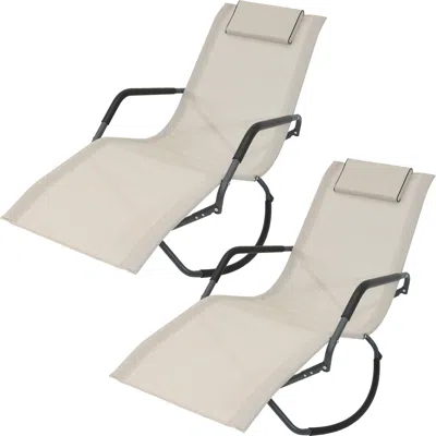 SUNNYDAZE OUTDOOR FOLDING ROCKING CHAISE LOUNGE CHAIR WITH HEADREST PILLOWS - BEIGE - 2PK