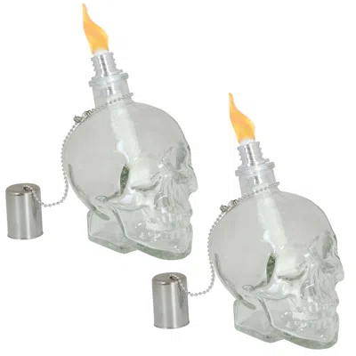 Sunnydaze Outdoor Grinning Skull Glass Tabletop Torches - 2pk In Metallic