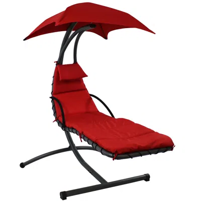 Sunnydaze Outdoor Hanging Chaise Floating Lounge Chair With Canopy Umbrella And Arc Stand In Red