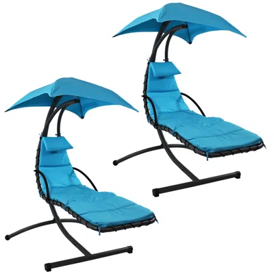Sunnydaze Outdoor Hanging Chaise Floating Lounge Chair With Canopy Umbrella And Arc Stand In Blue