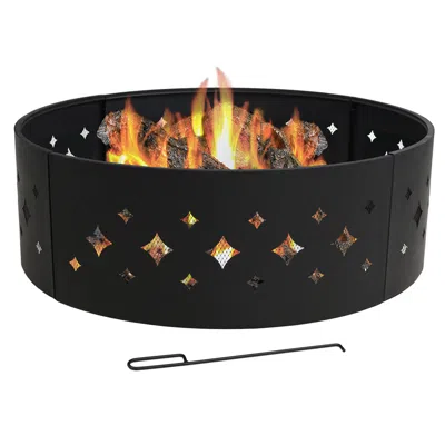 Sunnydaze 36in Wood-burning Fire Ring Steel With Diamond Cut Out Design And Poker In Black