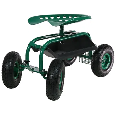 Sunnydaze Outdoor Heavy-duty Steel Rolling Gardening Cart With Adjustable Height Swivel Chair, Tool Tray, And  In Green