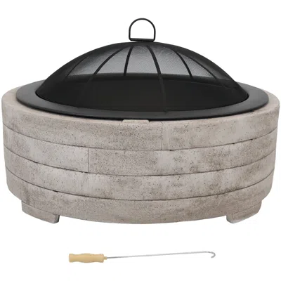 Sunnydaze Outdoor Large Round Faux Stone Fire Pit With Handles, Log Poker, And Spark Screen - 35" - Gray