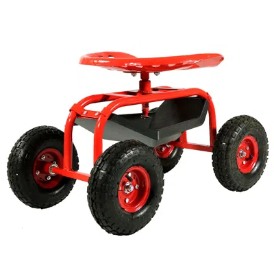 Sunnydaze Outdoor Lawn And Garden Heavy-duty Steel Rolling Gardening Cart With Adjustable Height Swivel Chair, In Red