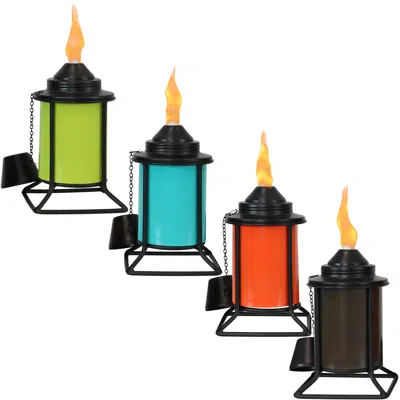 Sunnydaze Outdoor Metal Patio Deck Poolside Lawn Tabletop Torch Set - Green, Blue, Orange, And Brown - 4pc