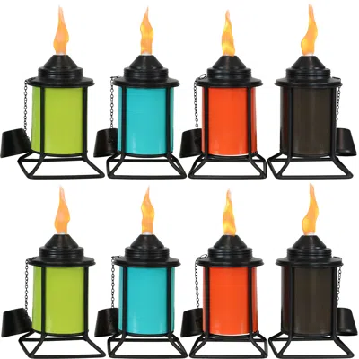 Sunnydaze Outdoor Metal Patio Deck Poolside Lawn Tabletop Torch Set - Green, Blue, Orange, And Brown - 8pc