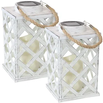Sunnydaze Outdoor Modern Crosshatch Hanging Tabletop Solar Led Rustic Farmhouse Decorative Candle Lantern - 9"