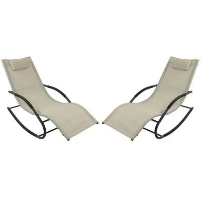 Sunnydaze Outdoor Folding Rocking Chaise Lounge Chair With Headrest Pillows - Beige - 2pk In Cream
