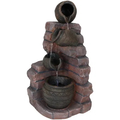 Sunnydaze Outdoor Polyresin Crumbling Bricks And Pots Solar Cascading Water Fountain With Led Lights And Batte In Multi