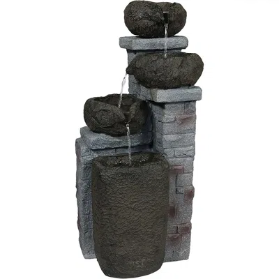 Sunnydaze Outdoor Polyresin Solar Powered Stone Bowls Water Fountain With Led Lights And Backup Battery - 30" In Brown
