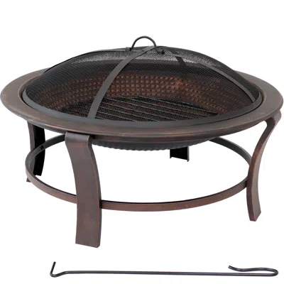 Sunnydaze Outdoor Portable Camping Or Backyard Elevated Round Fire Pit Bowl With Stand, Spark Screen, Wood Gra