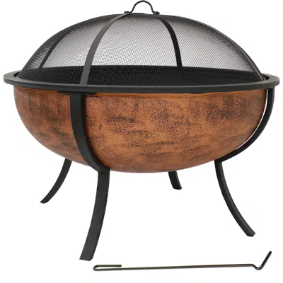 Sunnydaze Outdoor Portable Camping Or Backyard Large Round Fire Pit Bowl With Spark Screen, Wood Grate, And Lo