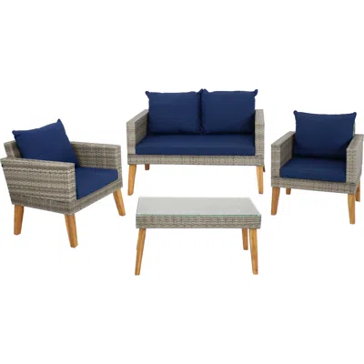 Sunnydaze Outdoor Rattan And Acacia Wood Clifdon Patio Furniture Set With Loveseat, Chairs, Table, And Seat Cu In Blue