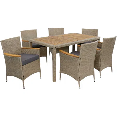 SUNNYDAZE OUTDOOR RATTAN AND ACACIA WOOD FOXFORD PATIO DINING SET WITH TABLE, CHAIRS, AND SEAT CUSHIONS - GRAY