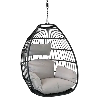 Sunnydaze Outdoor Resin Wicker Delaney Hanging Basket Egg Chair Swing With Cushions And Headrest - Gray - 2pc