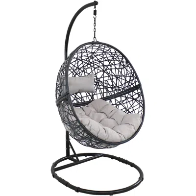 Sunnydaze Outdoor Resin Wicker Jackson Hanging Basket Egg Chair Swing With Cushions, Headrest, And Steel Stand